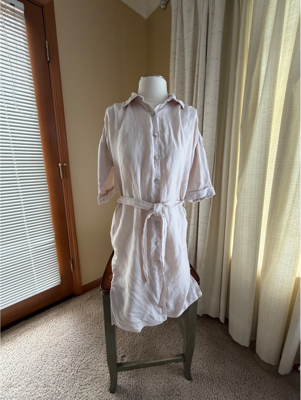 Women's Tahari 100% Linen Belted Shirt Dress XSMALL soft pink color